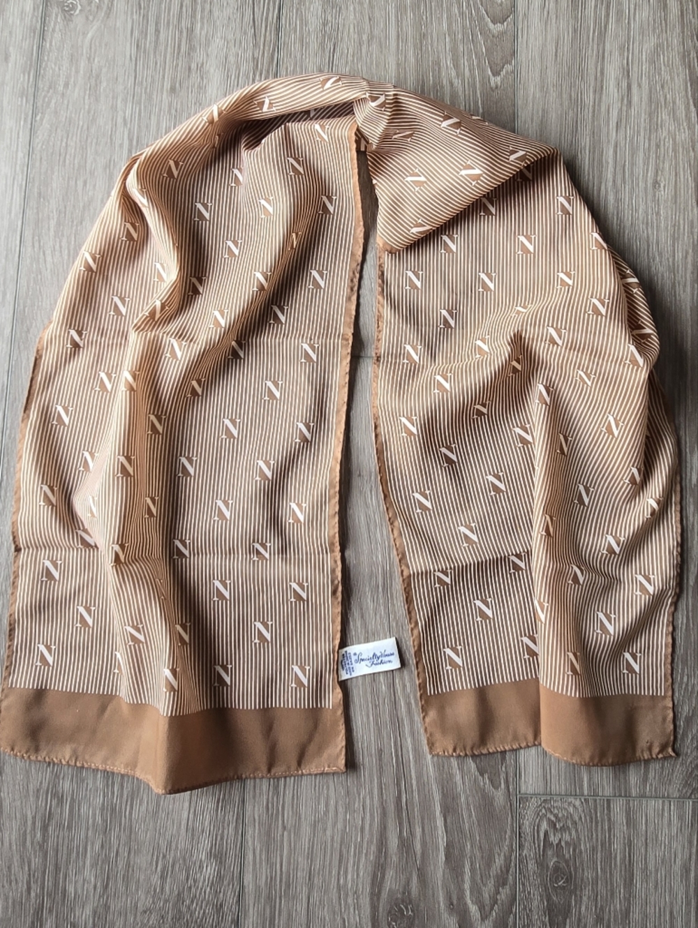 Vintage Specialty House Fashions Camel Brown N Monogram Stripe Scarf Japan
